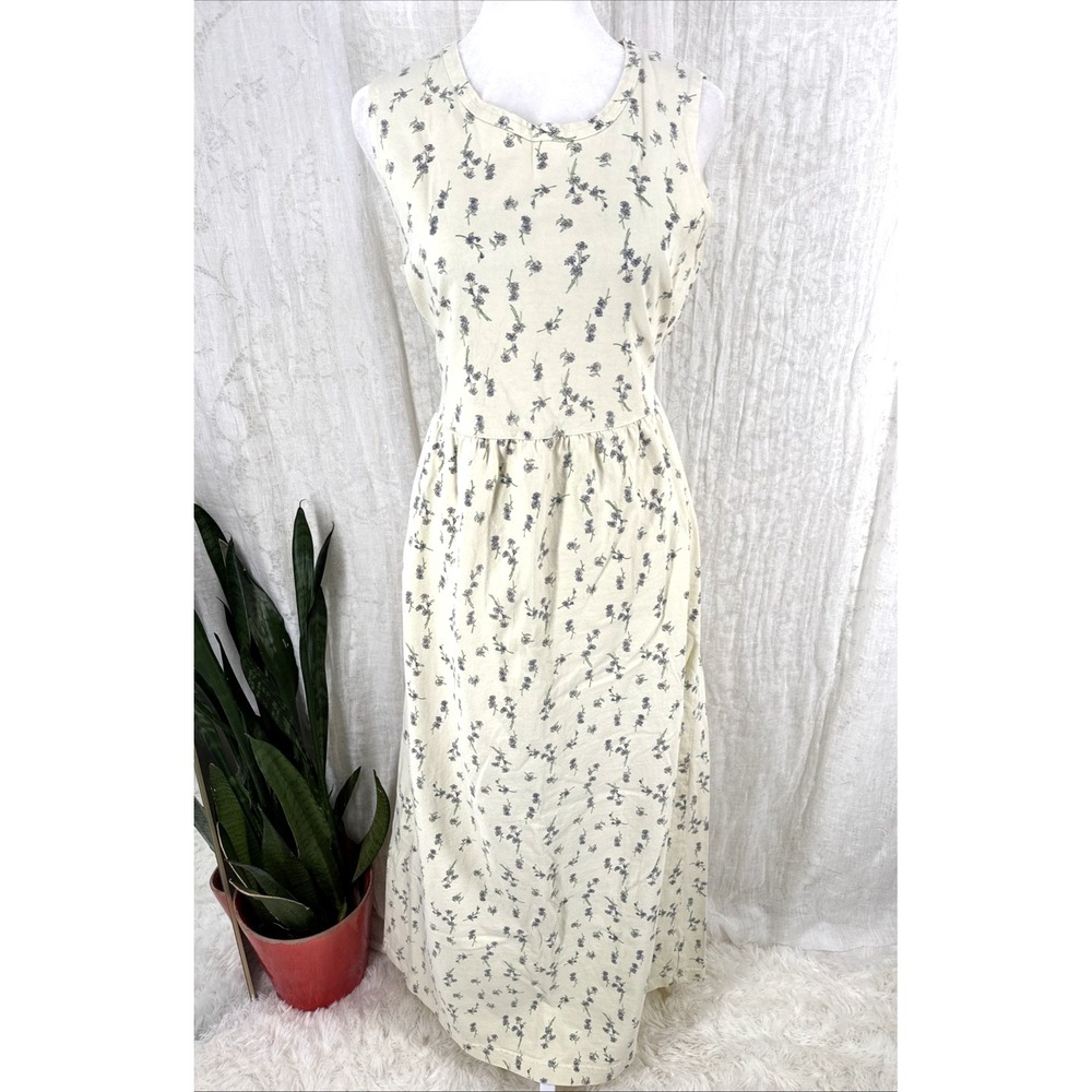 Vintage 90s Cottagecore Midi Dress M Prairie Butter Yellow Ditsy Floral Tie Back